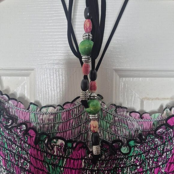 Y2K Purple Green Paisley Smocked Halter Dress Vintage Size Large - Picture 3 of 5